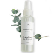 European Spa Source Eucalyptus ShowerSpa Mist bottle in a spa-like bathroom for at-home relaxation and potential decongestion.