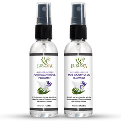 EuroSpa Aromatics lavender-eucalyptus pillow mist bottle pour for calming evenings.