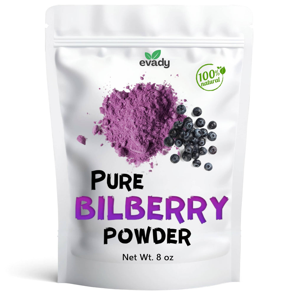 EVADY Bilberry Powder bottle shown for easy use in smoothies and beverages.