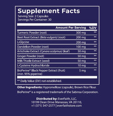 Everfaith Livergy bottle back label lists ingredients for detox wellness