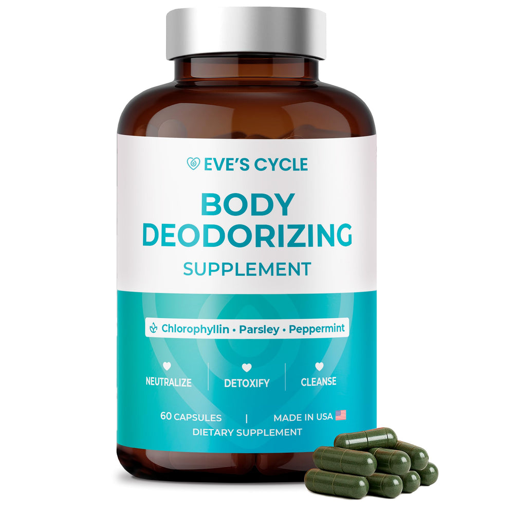 Eve's Cycle body deodorizing supplement bottle highlights all-day odor control