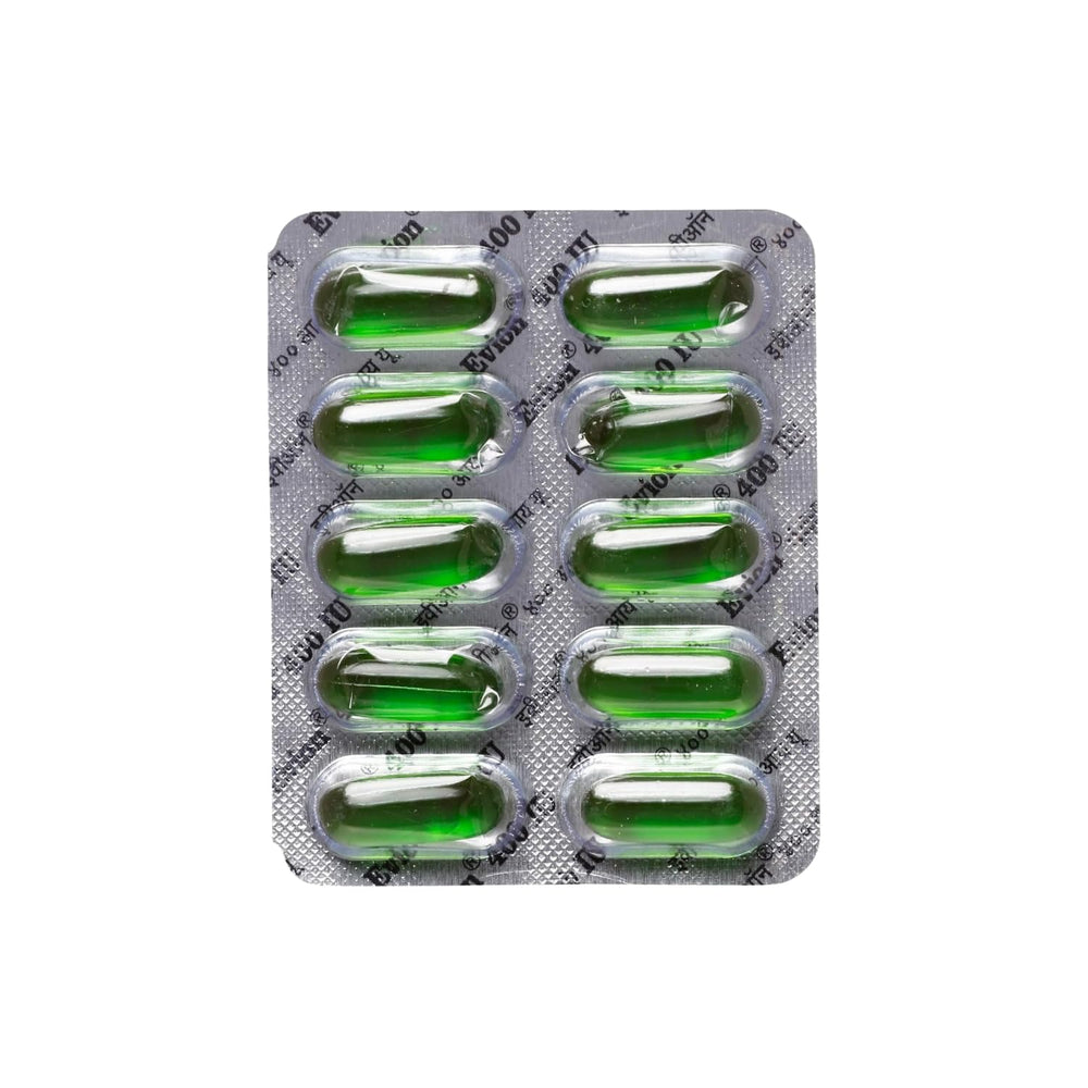 Evion vitamin E soft gel bottle with 50 capsules for daily skin and hair care.
