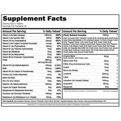 EVL Advanced Daily Multivitamin for Men ingredients panel highlights diverse nutrient blend for muscle and immune support.