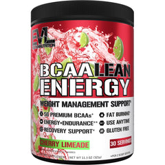 EVL BCAA Lean Energy powder tub with cherry limeade fosters energized workouts