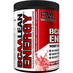EVL BCAA Lean Energy packaging beside gym bag for on-the-go training