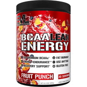 EVL BCAA Lean Energy bottle front with fruit punch flavor for workouts