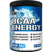 EVL BCAAs Blue Raz tub with label showing flavor and serving size for workouts.