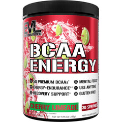 EVL BCAAs powder tub highlighting energy and recovery benefits.