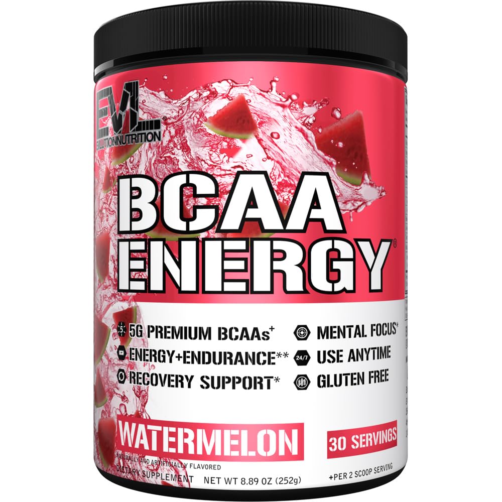 EVL BCAAs Watermelon tub closeup highlighting flavor and quality benefits for workouts.