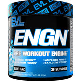 EVL ENGN intense pre-workout blue raz tub for focused, energized training.