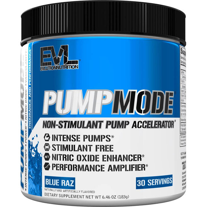 EVL PumpMode blue Raz bottle highlighting nitric oxide pre-workout for workouts