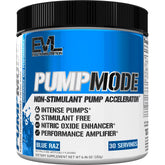 EVL PumpMode blue Raz bottle highlighting nitric oxide pre-workout for workouts