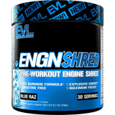 EVL Ultimate Pre Workout Blue Raz tub showing a formula for sustained energy during workouts