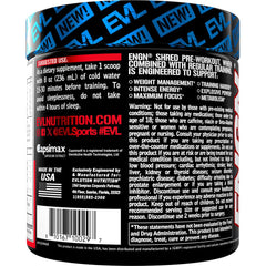 EVL ENGN Shred label closeup emphasizes ingredients and caffeine energy.