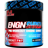 EVL Ultimate Pre Workout Rocket Pop tub label with ingredients for energy and focus.
