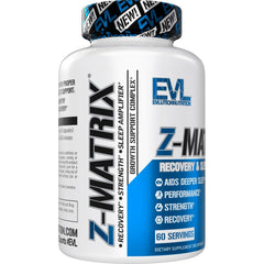 EVL ZMatrix bottle with glass, suggesting sleep support and muscle recovery.