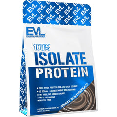 Label close-up shows gluten-free, no sugar added claims on Evlution 100% Isolate