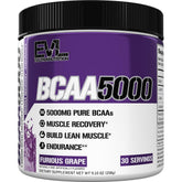 Evlution BCAAs powder tub with scoop, ideal for post-workout recovery.