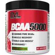 EVL BCAAs powder tub close-up showing a 5 g serving for recovery support