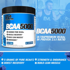 Evlution BCAAs label closeup highlights the 2:1:1 ratio.