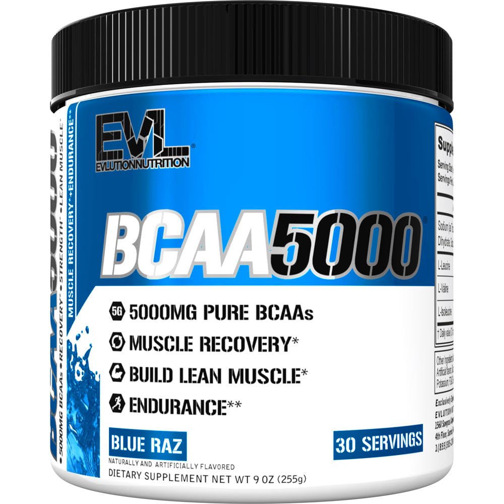 Evlution BCAAs powder tub in Blue Raz flavor supports post-workout recovery and hydration.