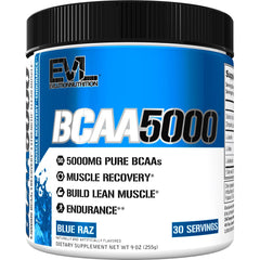 Evlution BCAAs powder tub in Blue Raz flavor supports post-workout recovery and hydration.