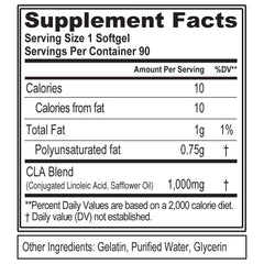 EVLUTION CLA pills label closeup highlighting safflower-based CLA content