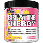 Evlution Creatine Energy bottle pour, pink lemonade flavor, for workout energy.