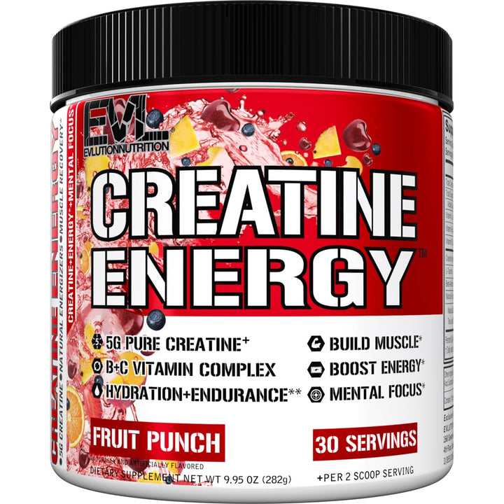 Evlution Creatine Energy jar label shows premium formula for performance support.