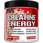 Evlution Creatine Energy jar label shows premium formula for performance support.