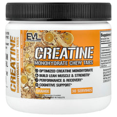Evlution orange-flavored chew tabs close-up emphasizing tasty daily supplementation.