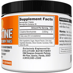 Evlution Creatine Monohydrate chew tabs label showing easy daily dosage.