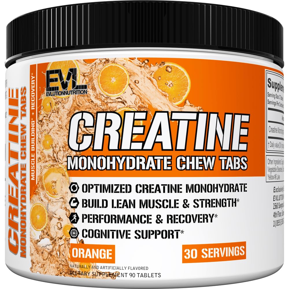Evlution Creatine Monohydrate chew tabs orange tablets front view for lean muscle support.