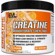 Evlution Creatine Monohydrate chew tabs orange tablets front view for lean muscle support.