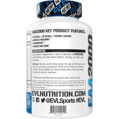 Evlution EAA2000 bottle label shows 2g EAAs and 1g BCAAs.
