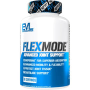 Evlution FlexMode bottle label highlights joint support ingredients for an active lifestyle.