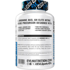 Nutritional facts panel on Evlution L-Arginine AKG bottle for informed dosing.