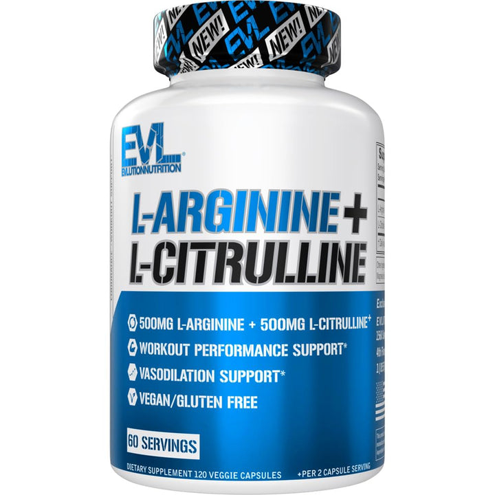 EVLution L-Arginine + L-Citrulline bottle supports endurance and nitric oxide