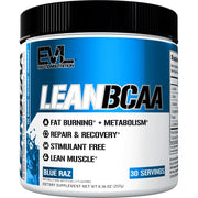 EVLUTION Lean BCAA powder tub in Blue Raz supporting post-workout recovery.