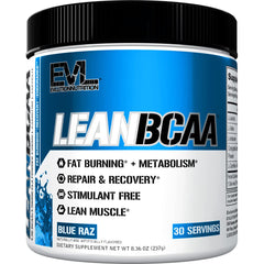 EVLUTION Lean BCAA powder tub in Blue Raz supporting post-workout recovery.