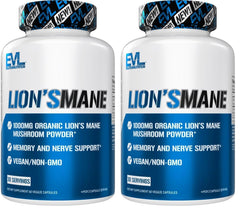 Evlution Lion's Mane capsules bottle supports focus and mental clarity.