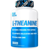 Evlution L-Theanine 200mg capsules bottle promotes focused daytime calm