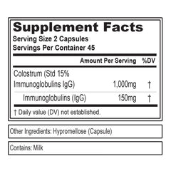 EVL Colostrum label highlighting gluten-free and non-GMO status.