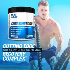Evlution Creatine 5000 powder being poured for post-workout shake.