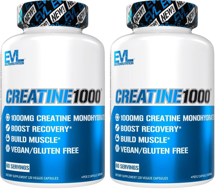 EVLution Pure Creatine Monohydrate capsules bottle for daily workouts and energy support.