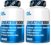 EVLution Pure Creatine Monohydrate capsules bottle for daily workouts and energy support.