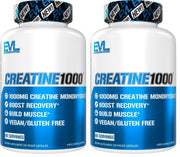 EVLution Pure Creatine Monohydrate capsules bottle for daily workouts and energy support.