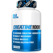 EVLUTION Pure Creatine Monohydrate capsules bottle pouring for post-workout recovery