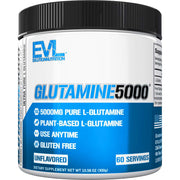 EVLution Pure Vegan L-Glutamine bottle in unflavored formula for recovery.
