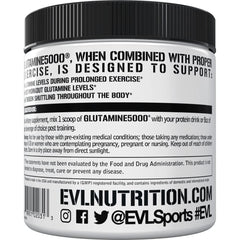 EVLution L-Glutamine packaging highlighting plant-based, post-workout support.